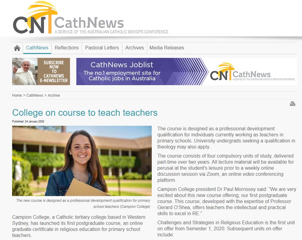 Grad-Cert-on-CathNews. Campion College Australia.