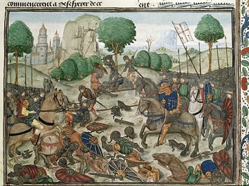 A miniature painting of a battle between the Crusaders and the Turks